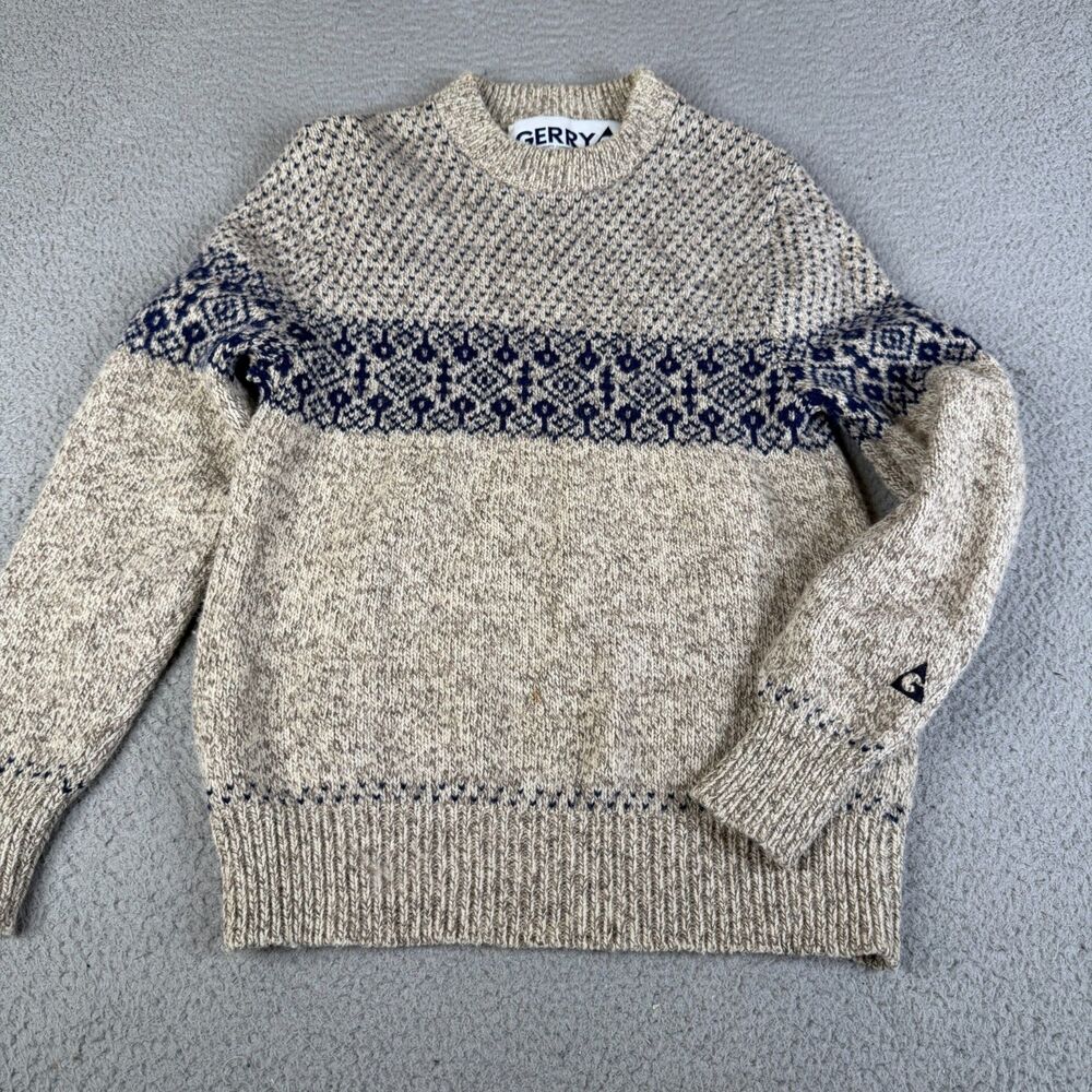 VINTAGE GERRY Wool Sweater Mens M Oatmeal Blue Fair Isle Crew Neck Chunky Knit
